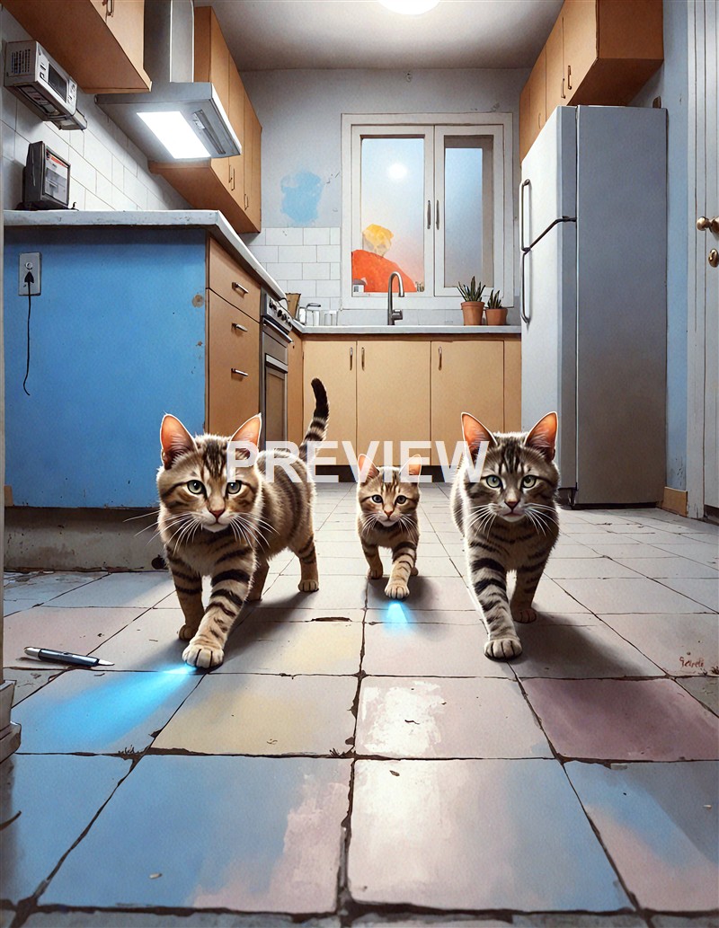 Three tabby cats are walking across a worn, tiled kitchen floor in a room with beige and blue cabinets, a window with potted plants on the sill, and various kitchen appliances.